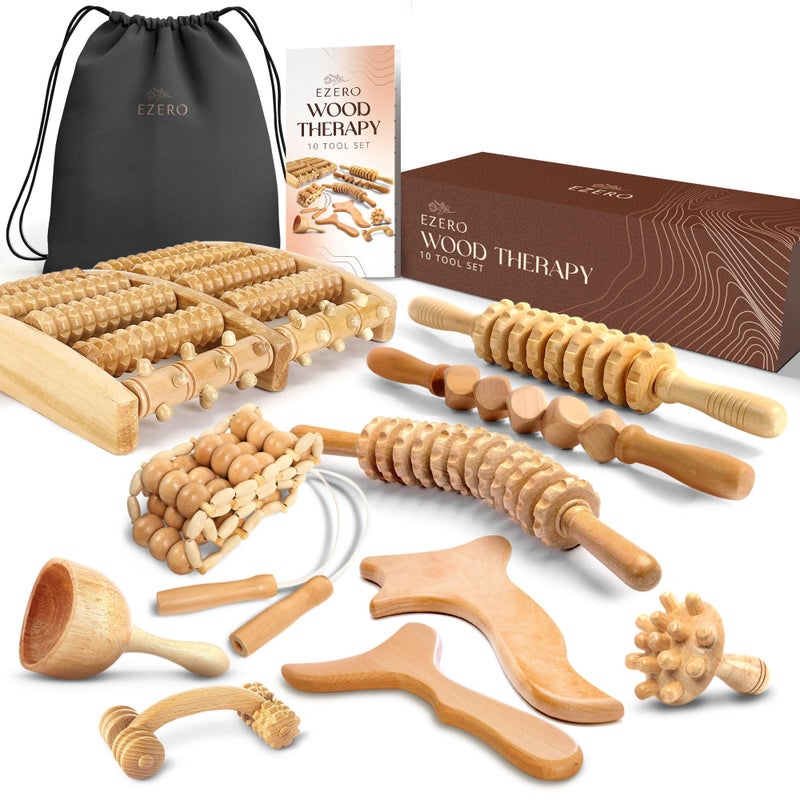 EZERO Wood Therapy Massage Tools Set of 10 â€“ Natural Wooden Lymphatic Drainage Massager for Cellulite Reduction, Body Sculpting & Relaxation â€“ Ideal for Legs, Arms & Buttocks â€“ Home Spa Kit
